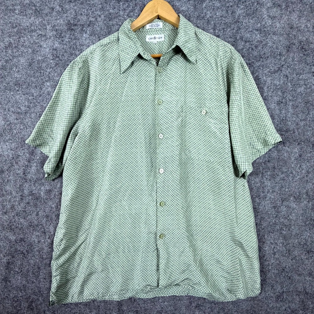 Chereskin 100% Silk Shirt Mens Large Green Geometric Short Sleeve Button Up